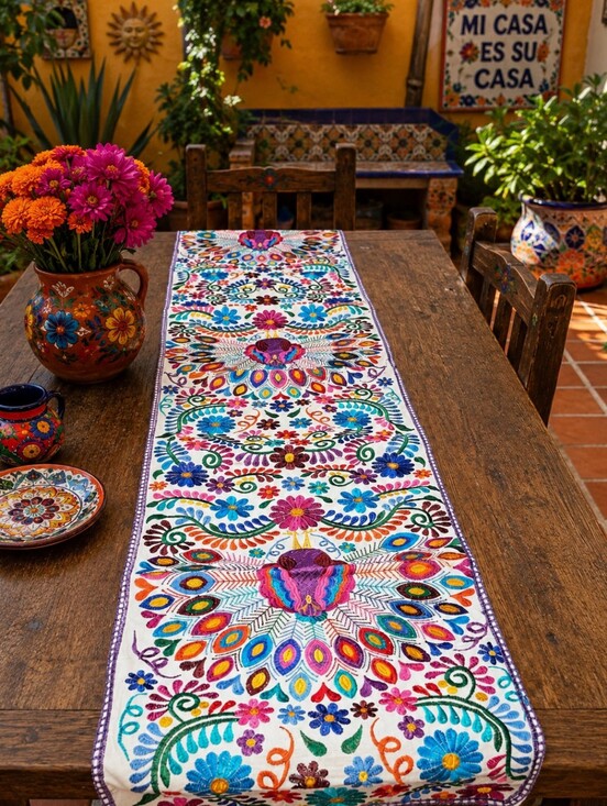 Other - Hand-Embroidered Multicolor Floral Table Runner